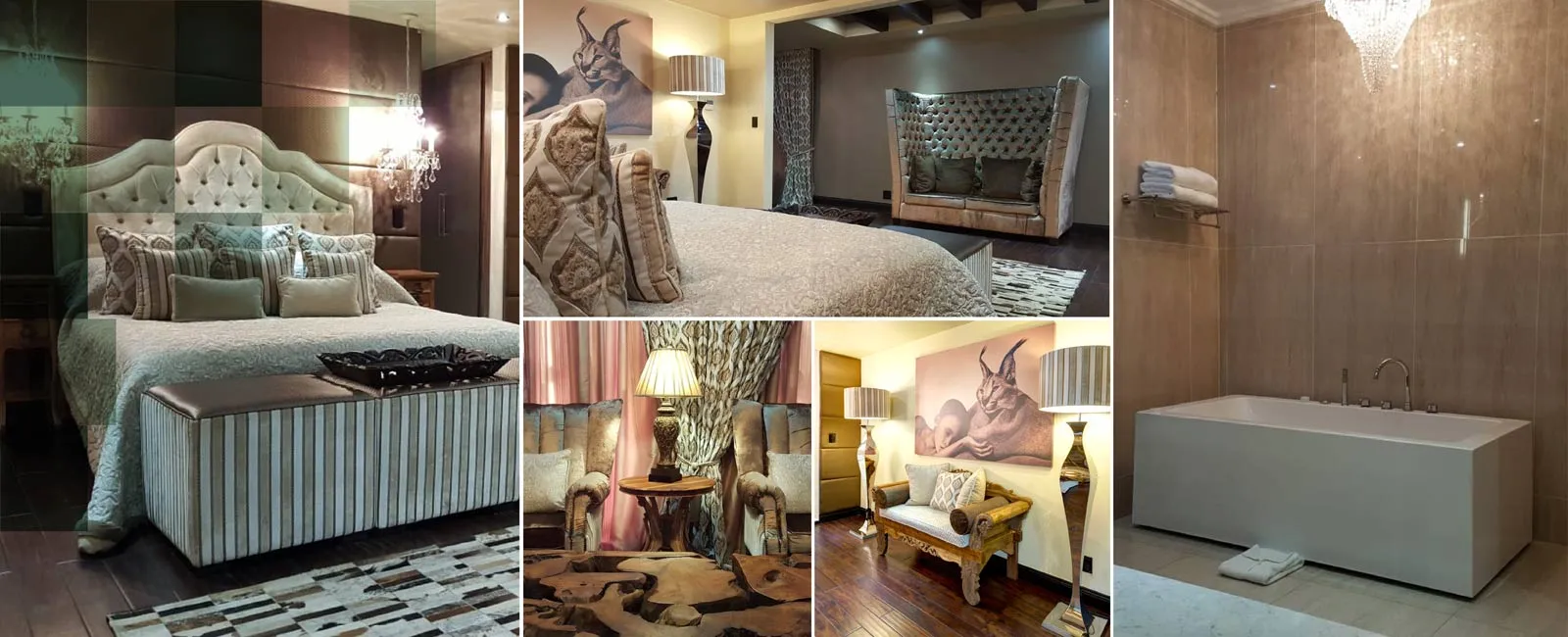 Collage of luxurious bedroom living room and bathroom interiors with elegant decor