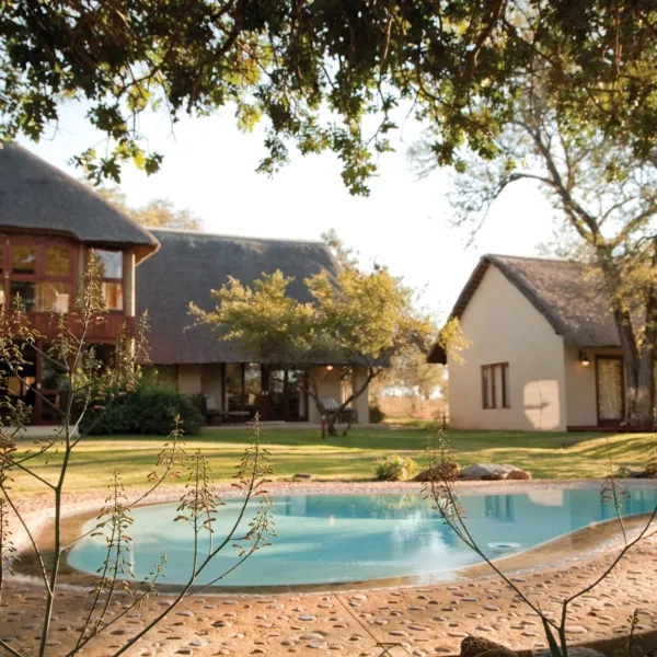 Traditional huts with a swimming pool in a lush garden setting