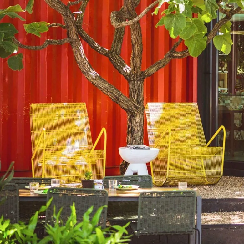 Tree growing through red wall with yellow chairs and dining table outdoors