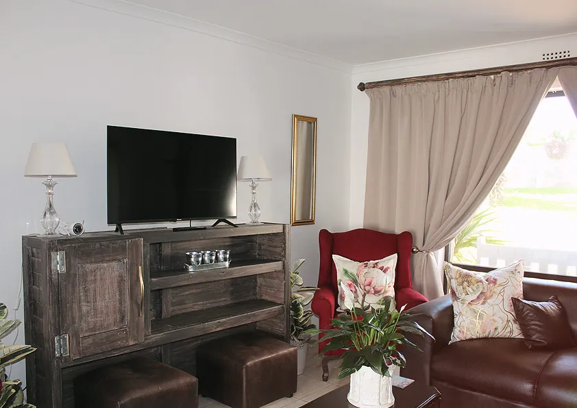 Cozy living room with TV sofa armchair and potted plants