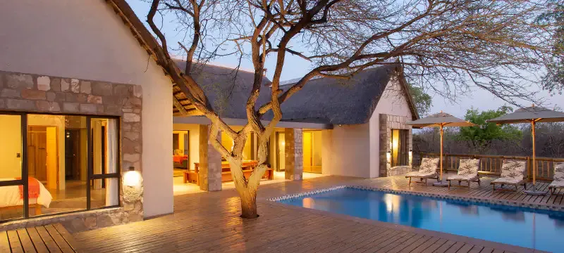 Modern house with pool deck and lounge chairs under a tree at sunset