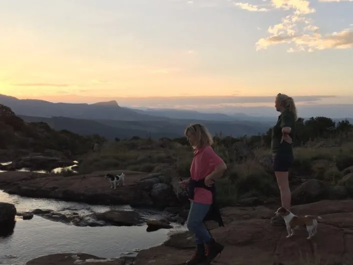 Two people and two dogs on a rocky overlook at sunset