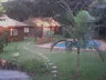 Wooden cabins with a swimming pool and palm tree in a garden setting