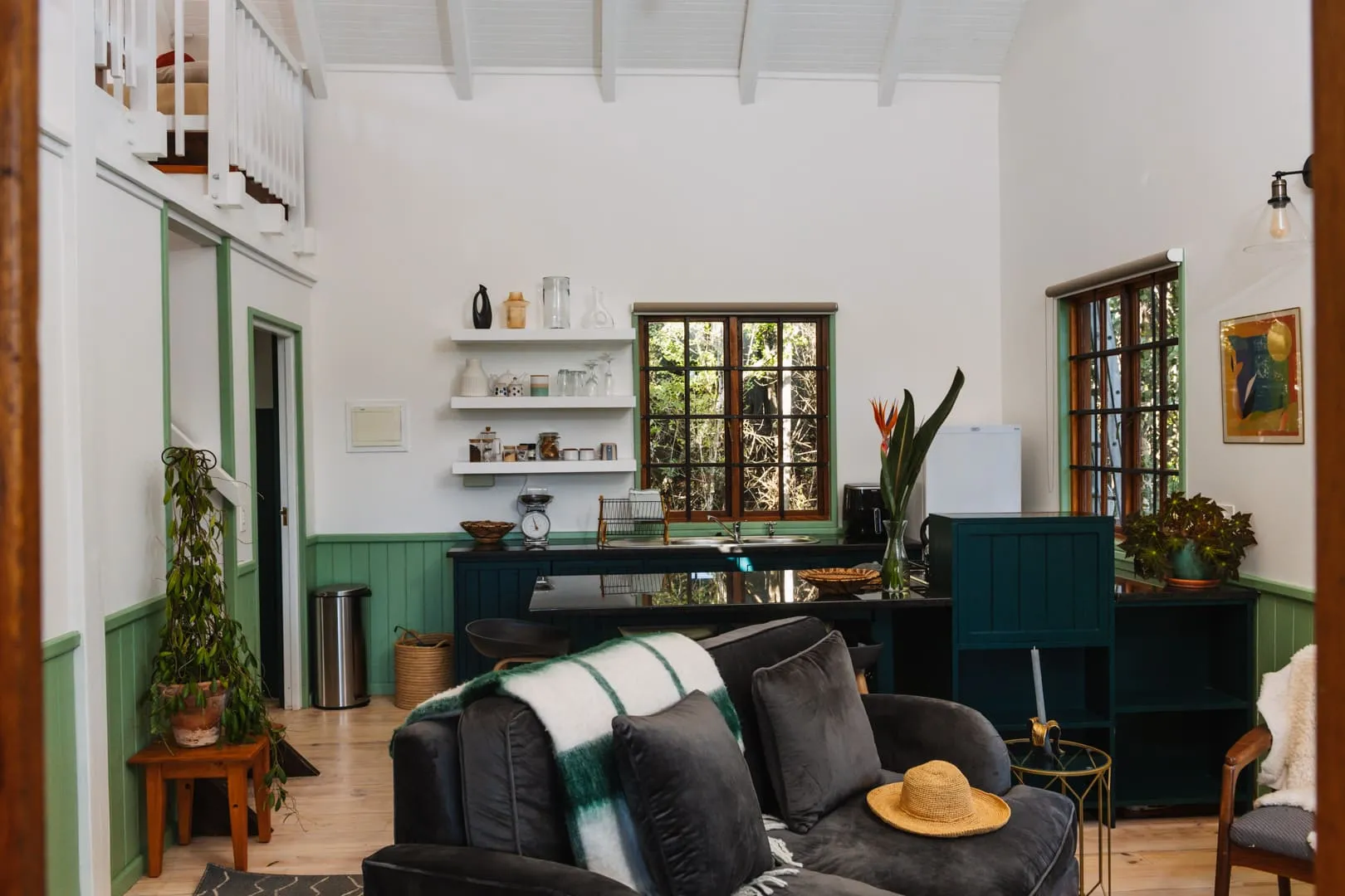 Cozy living room with kitchen area plants and a hat on the sofa