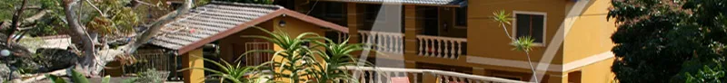 Yellow building with a balcony surrounded by greenery and trees