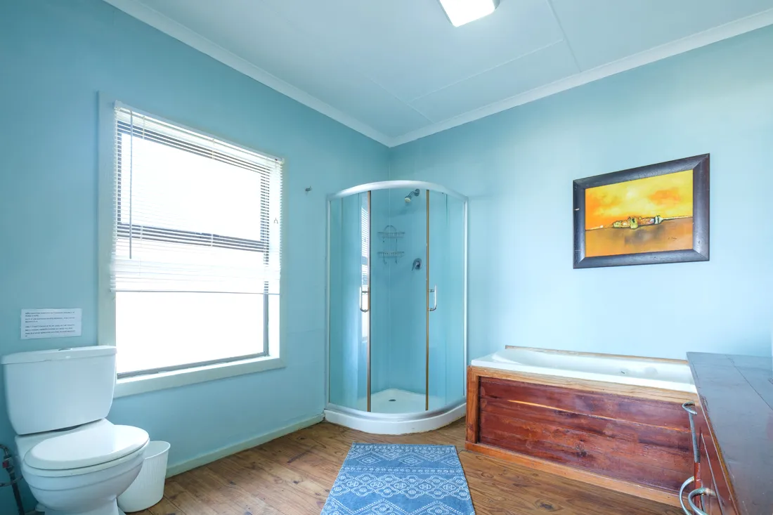 Blue bathroom with toilet shower bathtub and framed painting on the wall