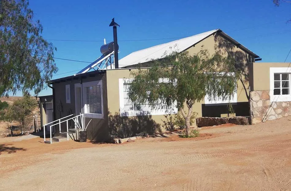 Singlestory house with a ramp tree and dirt yard under a blue sky