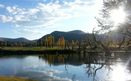Scenic landscape with trees mountains and a reflective lake under a sunny sky