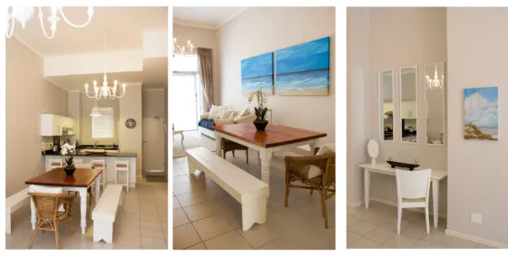 Three different interior views of a modern welllit dining and living area