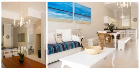 Two living room images with sofas tables and wall art one with a dining area