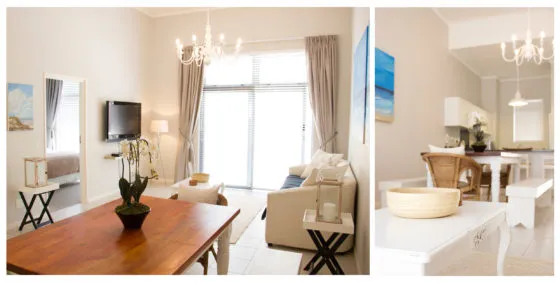 Two images of a modern welllit living and dining area with contemporary decor