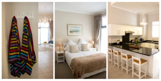 Three images of a modern home colorful towels bedroom and kitchen