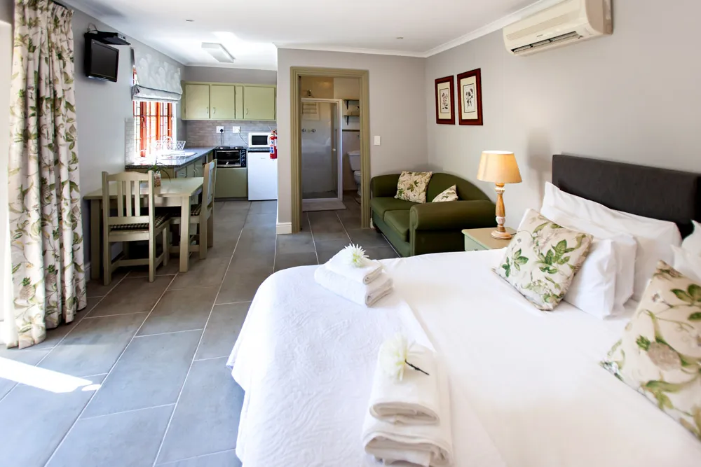 Modern studio apartment with bed kitchenette and living area