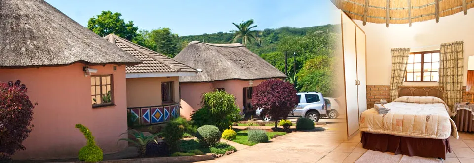 Traditional huts with gardens and a bedroom interior in a resort setting