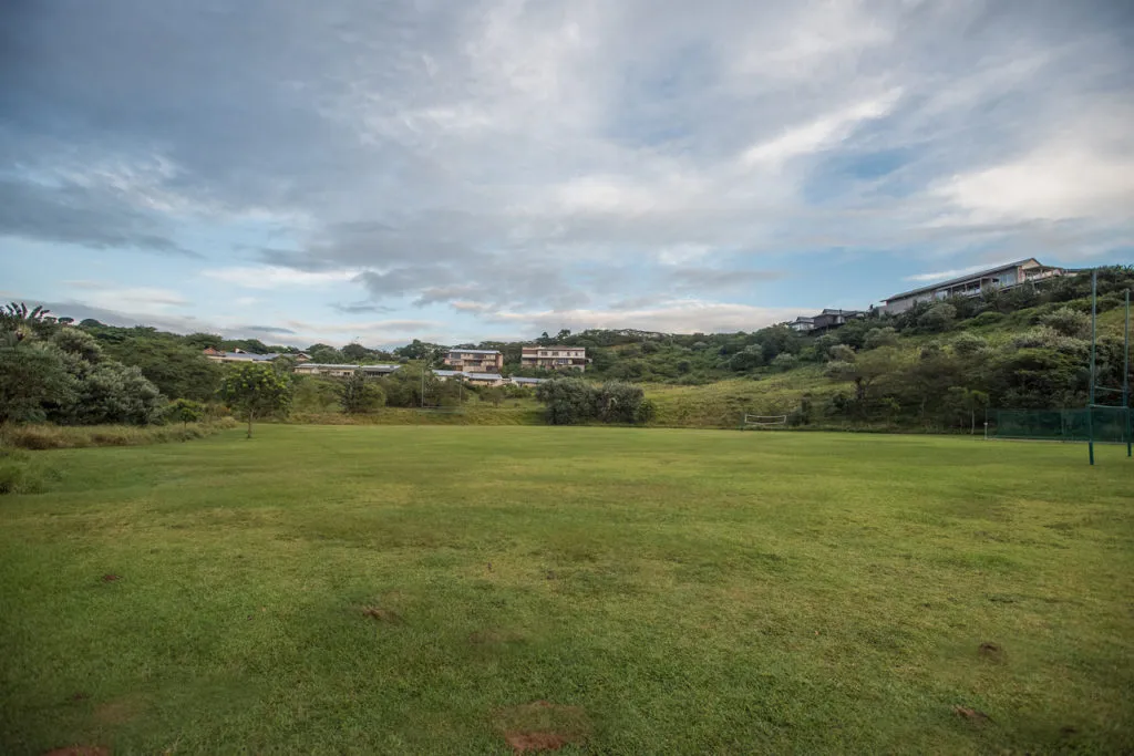 Grassy field with houses on a hillside under a cloudy sky