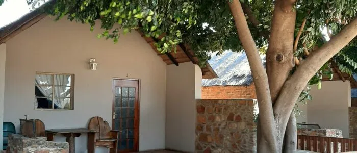 Cottage with wooden door window and outdoor seating under a large tree