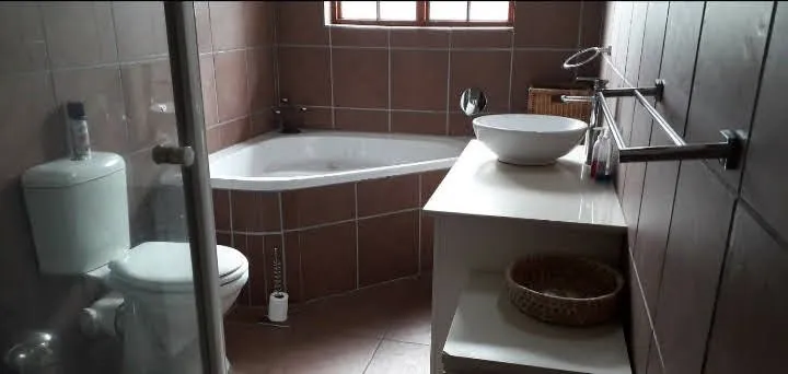 Modern bathroom with toilet sink bathtub and brown tiled walls