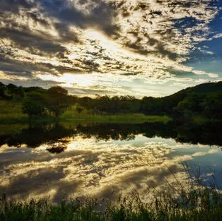 Sunset over a lake with reflection of clouds and trees