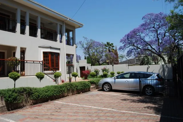 Modern house with a car parked in the driveway surrounded by greenery and trees