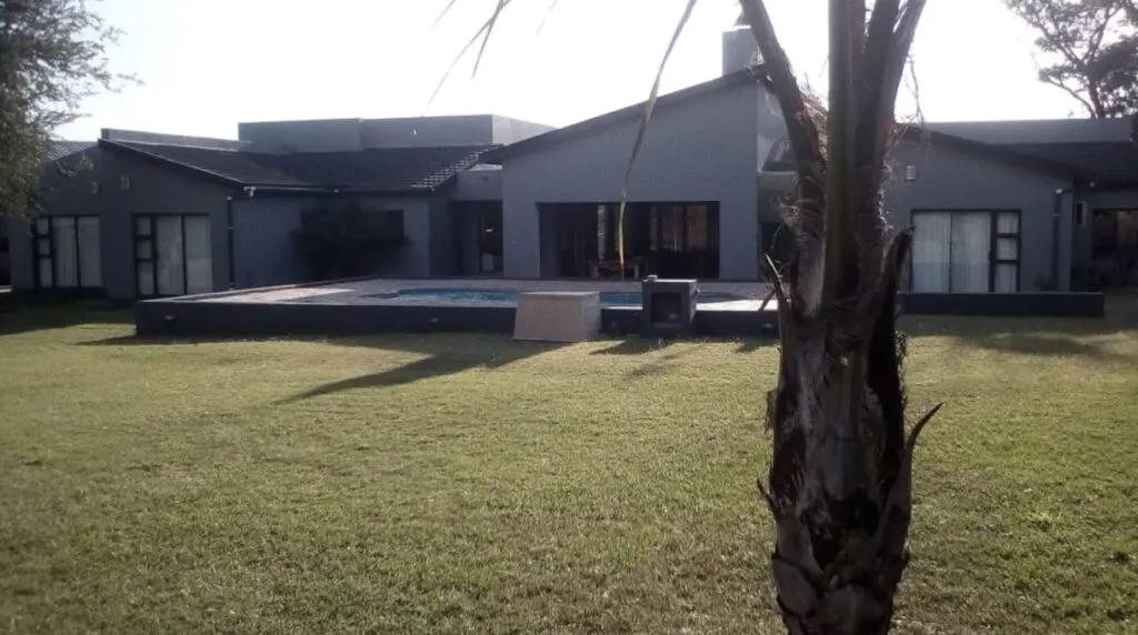Modern house with pool and large lawn tree in foreground