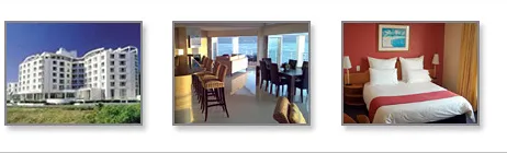 Exterior of a hotel hotel bar and hotel bedroom with two beds