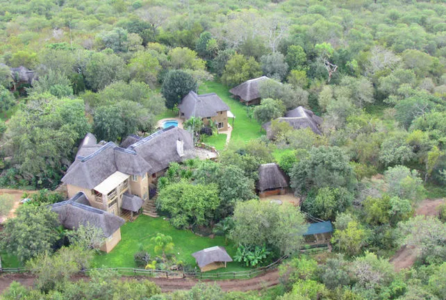 Aerial view of a house surrounded by dense forest