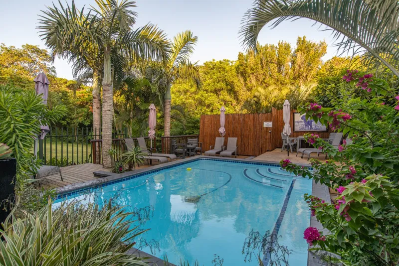Swimming pool with lounge chairs umbrellas and lush greenery in a garden setting