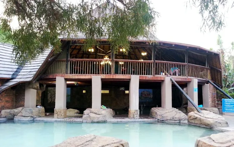 Elevated wooden lodge with pool and natural rock formations in front