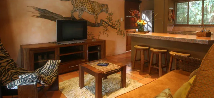 Living room with animal print decor TV and open kitchen area