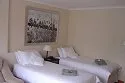 Two single beds in a tidy bedroom with a large framed picture above