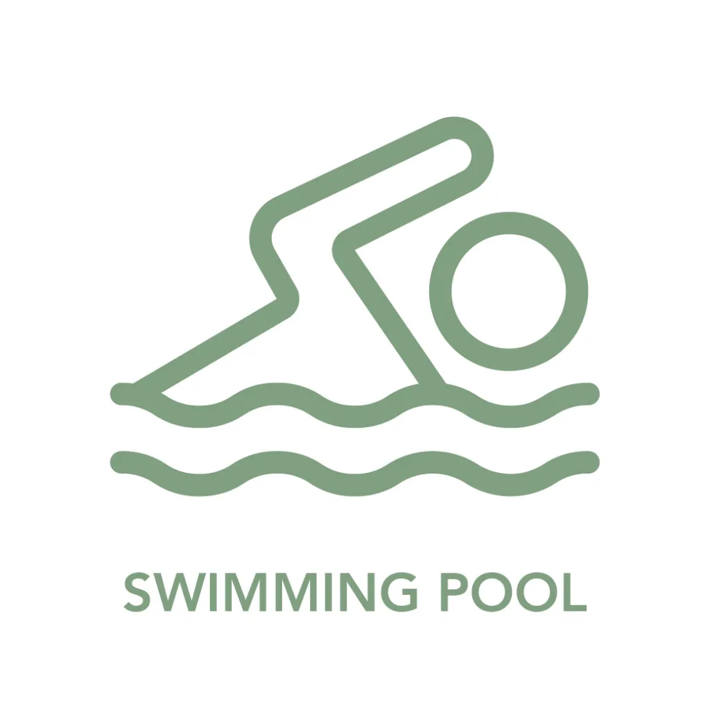 Green swimming icon with person swimming on wavy lines labeled SWIMMING POOL